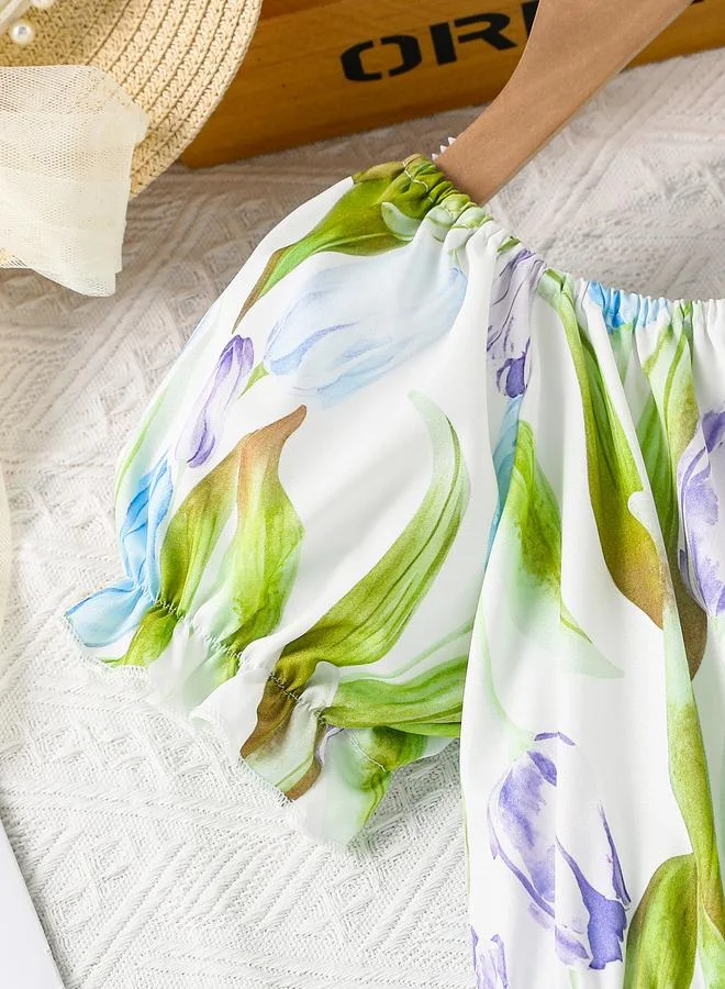 تايك تو Take Two Girls Tulip Print Puff Sleeve Dress
