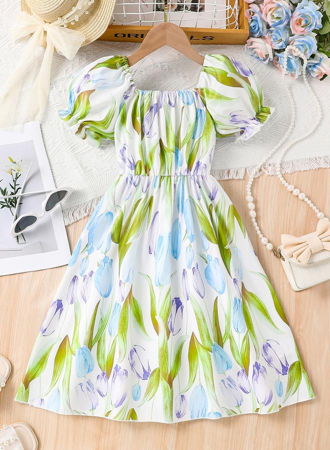 Take Two Girls Tulip Print Puff Sleeve Dress - Image 1