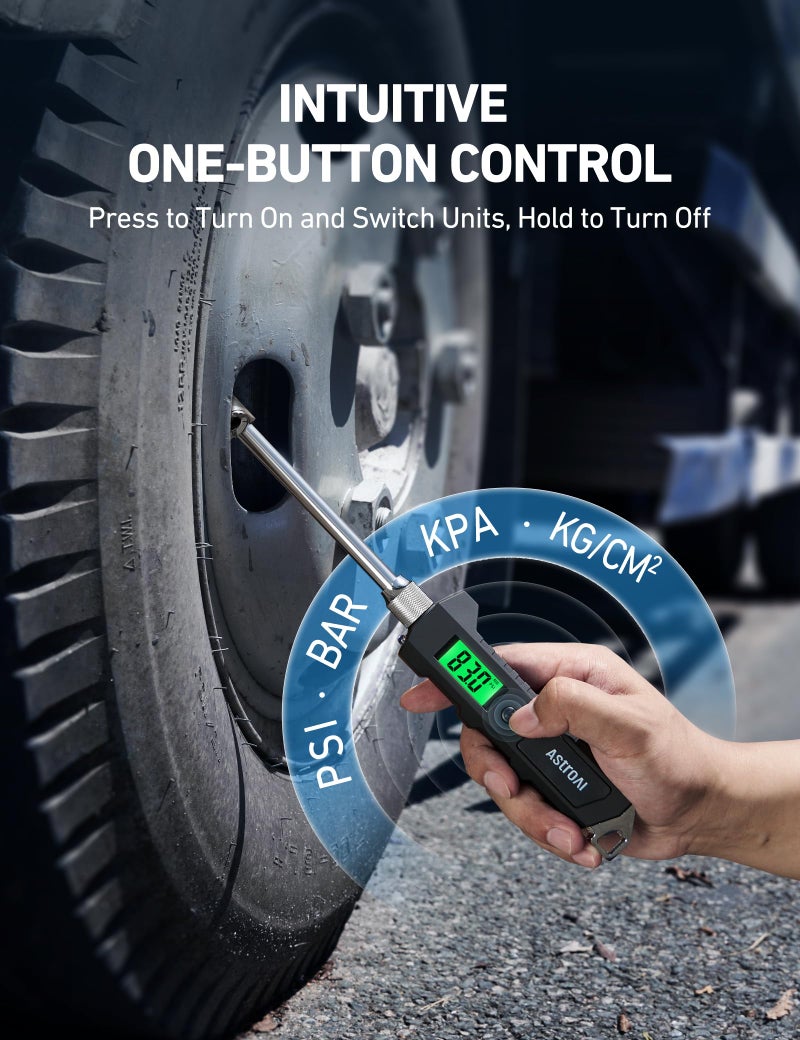 AstroAI Digital Tire Pressure Gauge 230 PSI Heavy Duty Dual Head Stainless Steel Made for Truck and RV with Backlit LCD and Flashlight Car Accessories - Image 3