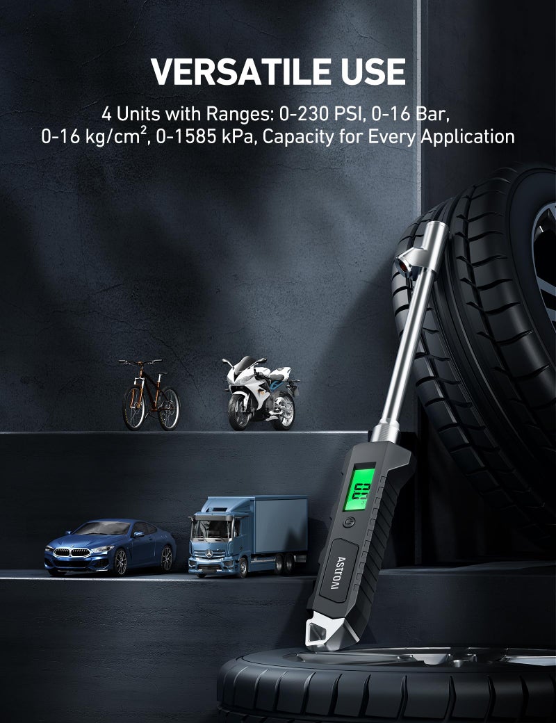 AstroAI Digital Tire Pressure Gauge 230 PSI Heavy Duty Dual Head Stainless Steel Made for Truck and RV with Backlit LCD and Flashlight Car Accessories - Image 4