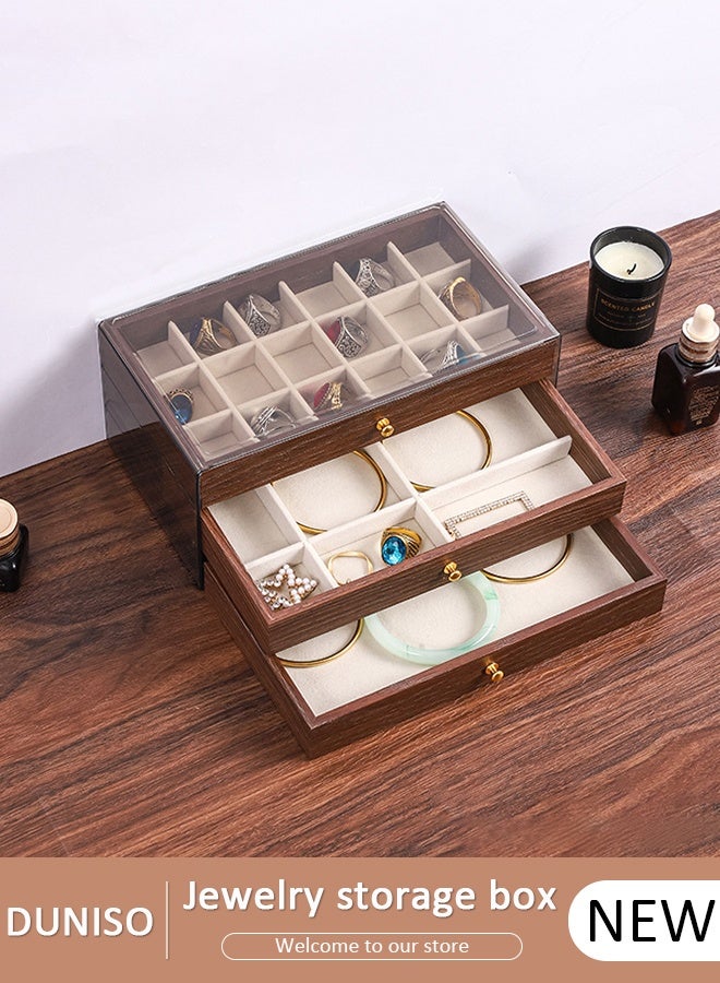 DUNISO 3 Layer Jewelry Box for Women, Jewelry Organizer Box,Anti-oxidation Jewelry Boxes,Glass Lid Jewelry Organizer with 3 Drawers for Earring, Bangle, Bracelet, Necklace and Rings - Image 1
