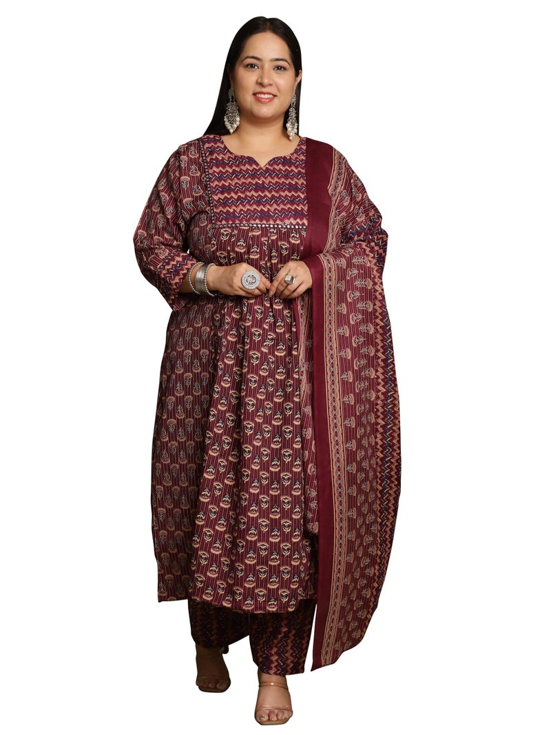 Rajnandini Women's Cotton Blend Jaipuri Printed Kurta & Pant with Dupatta (JOPLST218X-4XL_Wine & Beige_4XL) - Image 1