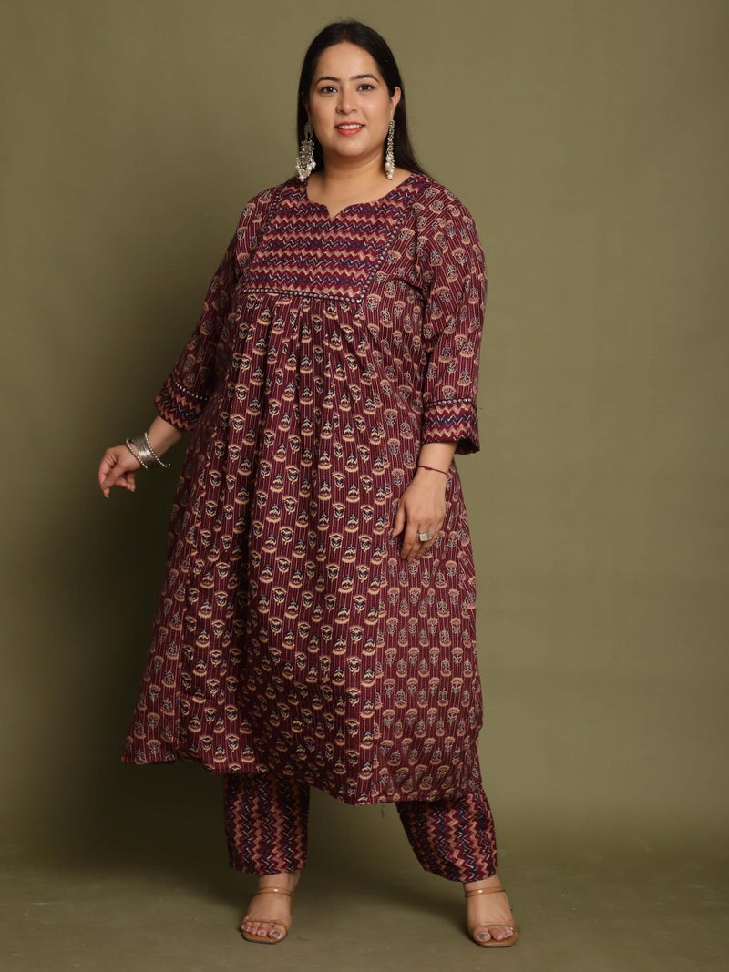 Rajnandini Women's Cotton Blend Jaipuri Printed Kurta & Pant with Dupatta (JOPLST218X-4XL_Wine & Beige_4XL) - Image 4