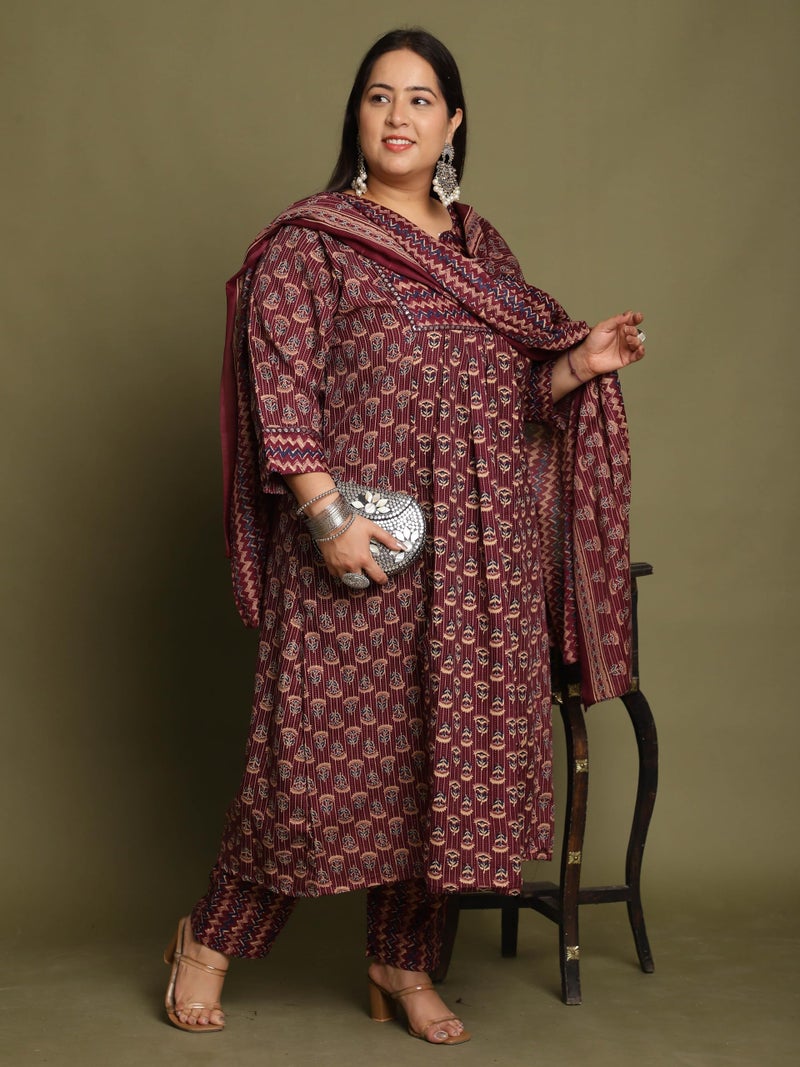 Rajnandini Women's Cotton Blend Jaipuri Printed Kurta & Pant with Dupatta (JOPLST218X-4XL_Wine & Beige_4XL) - Image 5