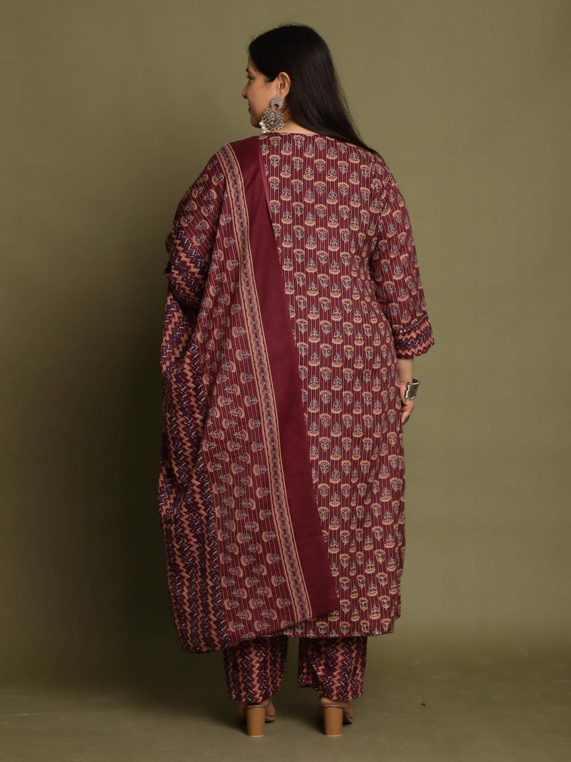 Rajnandini Women's Cotton Blend Jaipuri Printed Kurta & Pant with Dupatta (JOPLST218X-4XL_Wine & Beige_4XL) - Image 2
