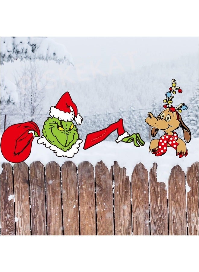 CCOVERY 4Pcs Grinchs Fence Peeker Decorations, Christmas Decorations Outdoor with Thief Stole Head Arm Bag and Dog for Holiday Xmas Garden Decorations - Image 1