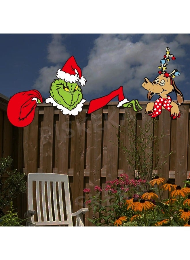 CCOVERY 4Pcs Grinchs Fence Peeker Decorations, Christmas Decorations Outdoor with Thief Stole Head Arm Bag and Dog for Holiday Xmas Garden Decorations - Image 3
