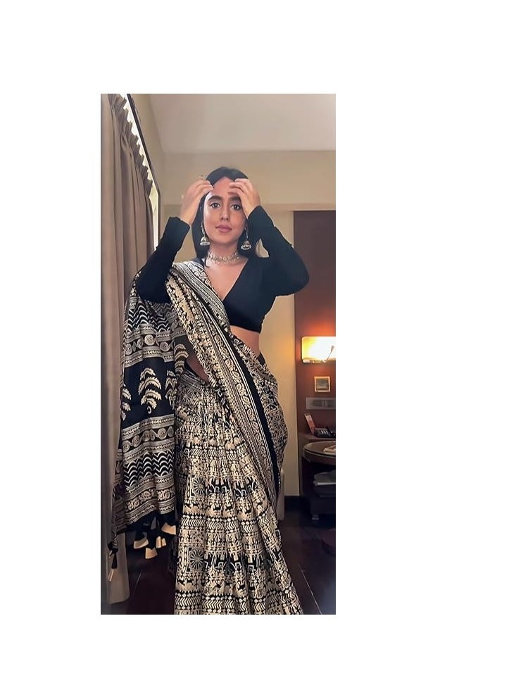 Accessorize Kingdom - Women's Silk Cotton Kalamkari Print Saree With Blouse Piece - Image 1