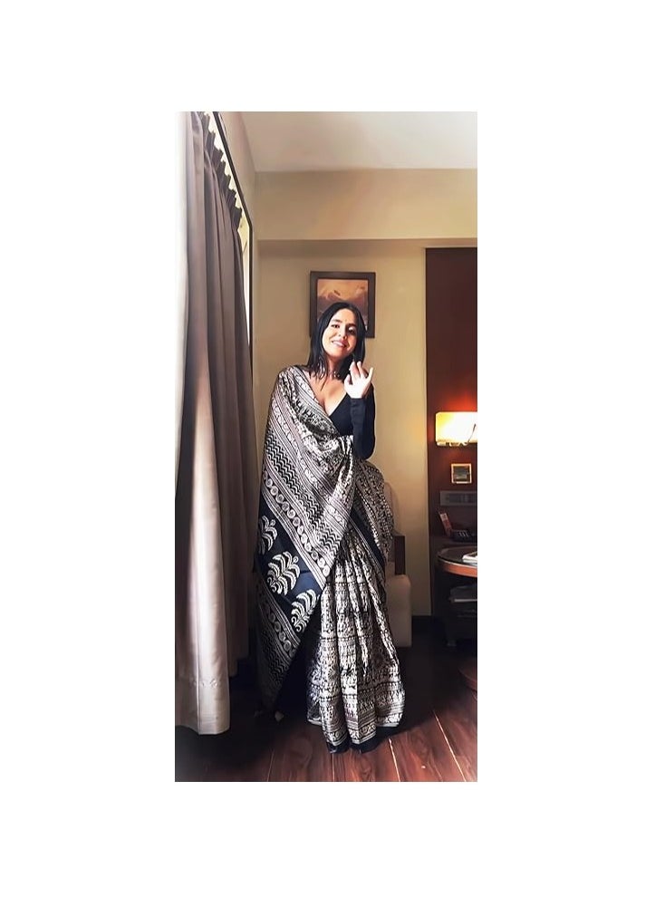 Accessorize Kingdom - Women's Silk Cotton Kalamkari Print Saree With Blouse Piece - Image 1