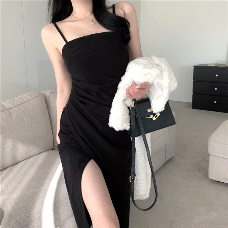 Split Dress Women'S Hepburn Style Elegant Goddess Style Mid-Length Pure Desire Style Slip Dress - Image 1