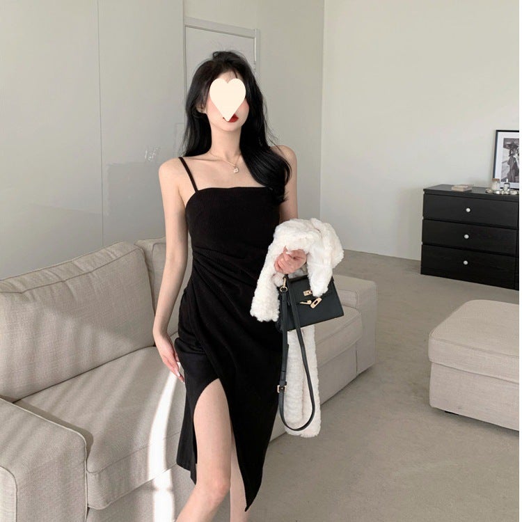 Split Dress Women'S Hepburn Style Elegant Goddess Style Mid-Length Pure Desire Style Slip Dress - Image 3