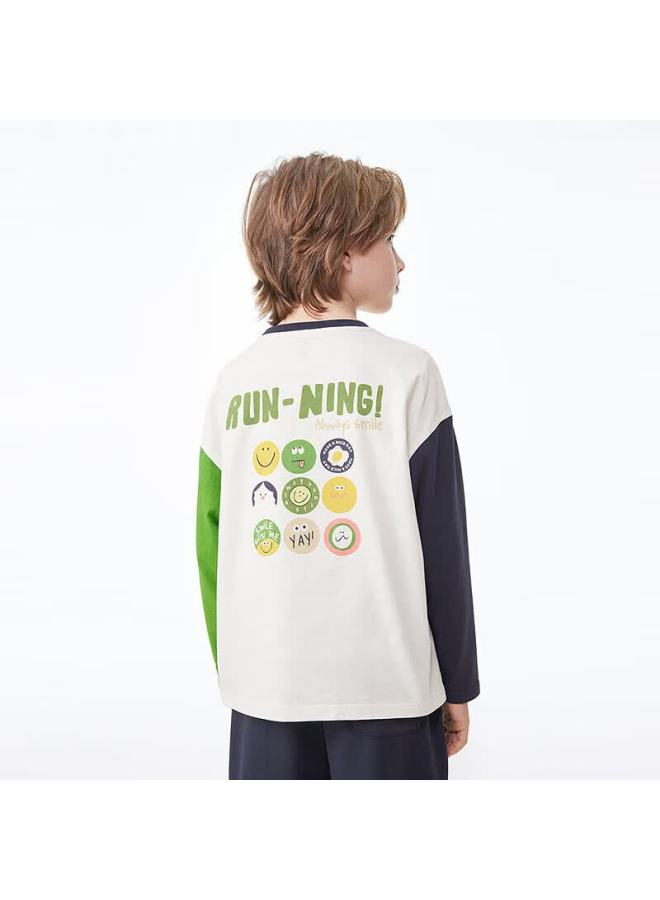 Mqd Boys' Autumn Children's Yin-yang Sleeve Watermark Long Sleeve T-shirt Off-white 140 - Image 2