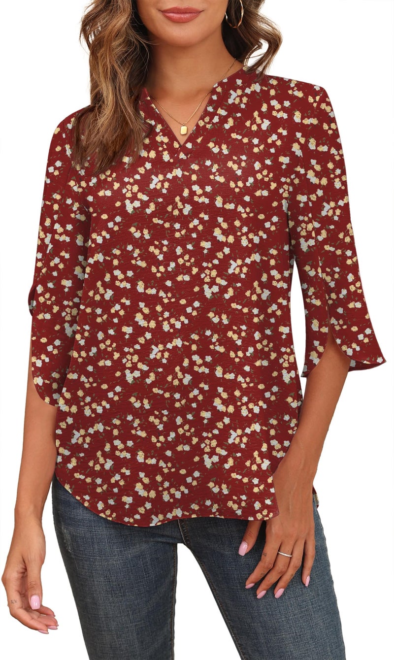 Askyes Womens Blouses Dressy Casual Chiffon Tops and Blouses VNeck 34 Sleeve Blouse Tops Shirts for WorkRed Floral2XL