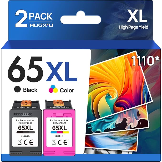 65XL Ink Cartridges Black/Color Combo Pack Replacement for Ink 65 65XL High-Yield Works with DeskJet 3755 3772 3722 3752 3700 Series; 2622 2652 2600 Series; Envy 5055 5052 5014 5000 Series T0A36AN