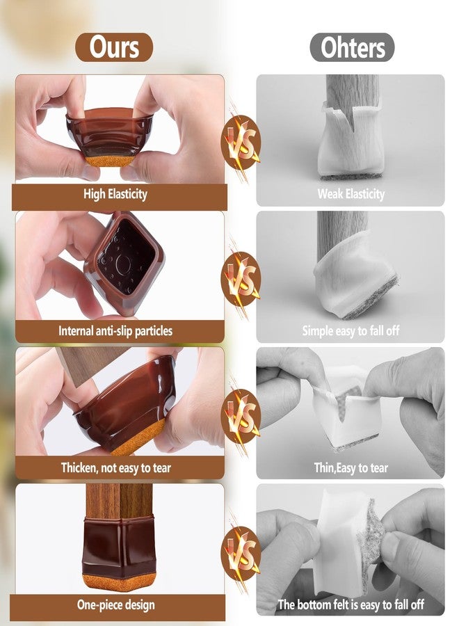 BAIPOK 28Pcs Square Chair Leg Floor Protectors with Wrapped Felt Bottom, Silicone Chair Leg Protectors for Hardwood Floors, Chair Legs Cover Prevents Scratches & Reduce Noise (Brown L Fit 1.14"-1.42") - Image 3