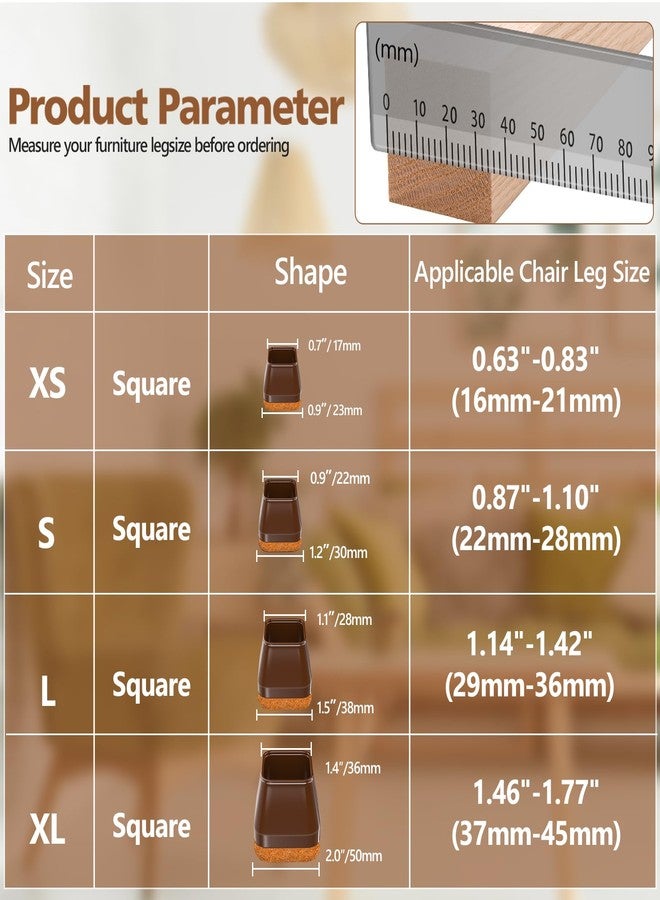 BAIPOK 28Pcs Square Chair Leg Floor Protectors with Wrapped Felt Bottom, Silicone Chair Leg Protectors for Hardwood Floors, Chair Legs Cover Prevents Scratches & Reduce Noise (Brown L Fit 1.14"-1.42") - Image 2