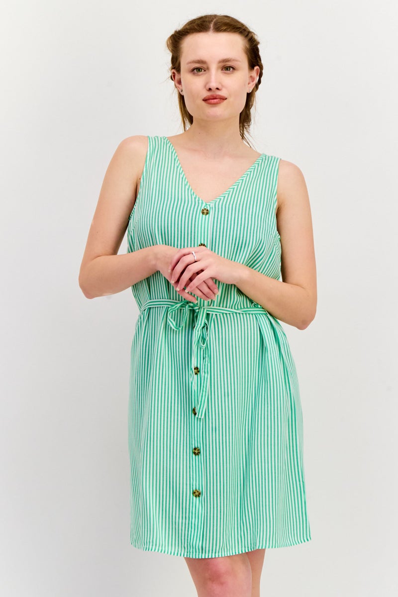 VERO MODA Women Micro Stripe Print Belted Mini Dress, Green - Image 1