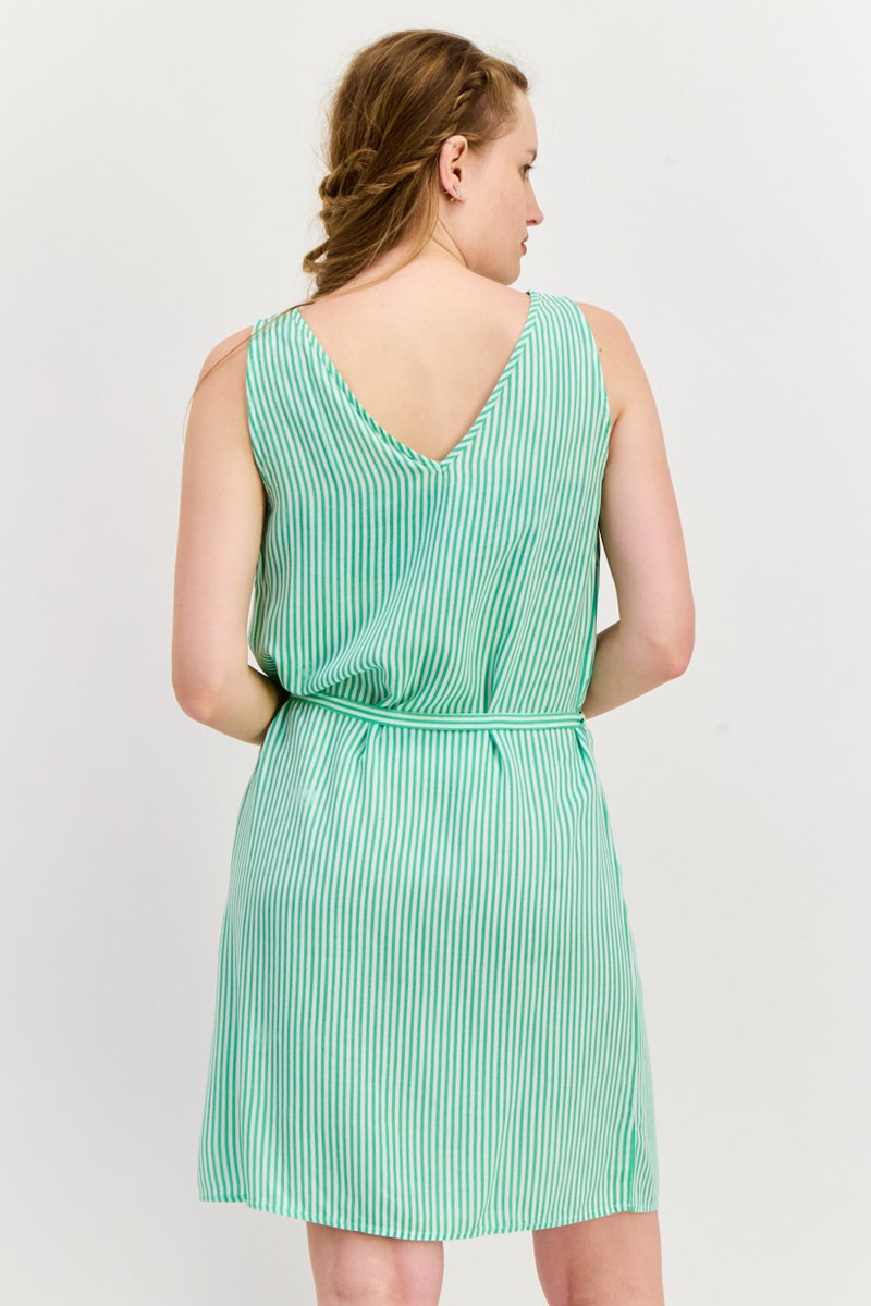 VERO MODA Women Micro Stripe Print Belted Mini Dress, Green - Image 3