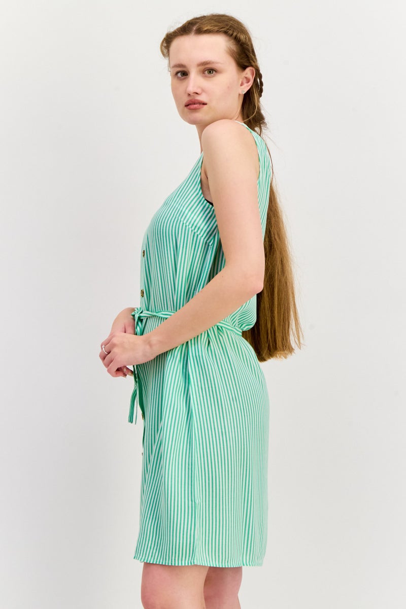 VERO MODA Women Micro Stripe Print Belted Mini Dress, Green - Image 4