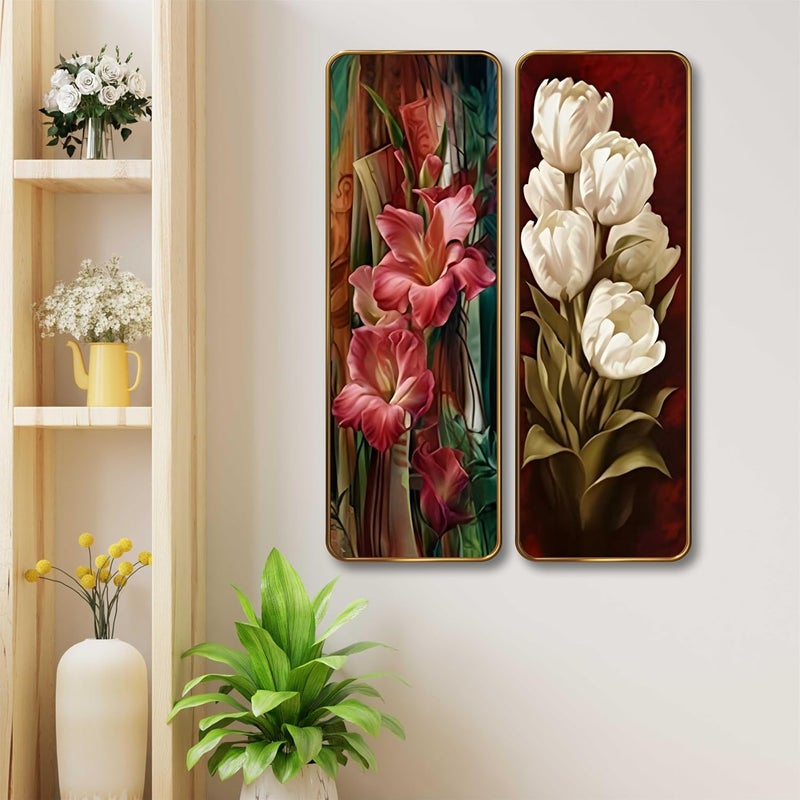 SAF Floral Wall Panel Set of 2 | Pink & White Flower Sparkle Lamination Art | Premium MDF Vertical Wall Décor for Living Room, Bedroom & Hall (12 x 18 Inch) AS-08 - Image 1