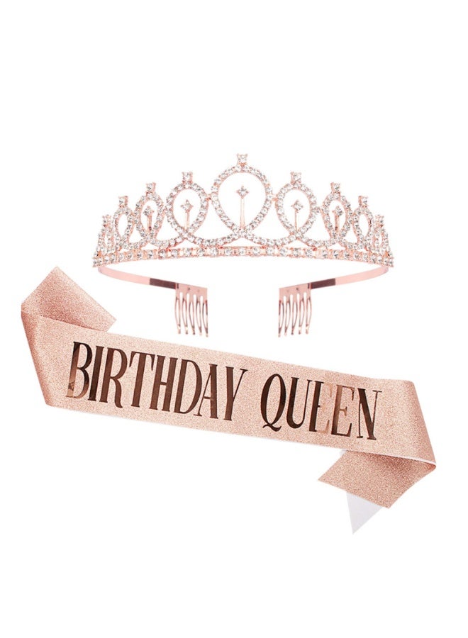Birthday Queen Sash and Rhinestone Headband Set, Birthday Party Decor Favor Gift - Image 1