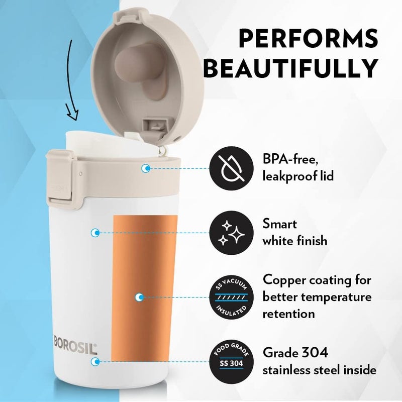Borosil Vacuum Insulated Double Wall Travelmate Mug - 300 ML, Leak Proof, White White - Image 4