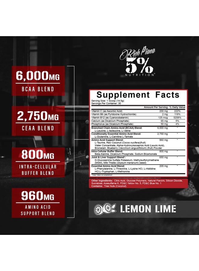 5% Nutrition مسحوق BCAA من ريتش بيانا AllDayYouMay | أحماض أمينية فاخرة أثناء وبعد التمرين، ترطيب، قدرة تحمل، استعادة العضلات، دعم المفاصل والكبد | 15.3 أونصة، 30 حصة (ليمون ليمون) - Image 2