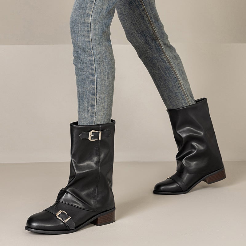 Retro Western Wind 2024 Short Boots Low Heel Women'S Boots 40-47 Medium Pants Boots Pleated Pile Boots - Image 4
