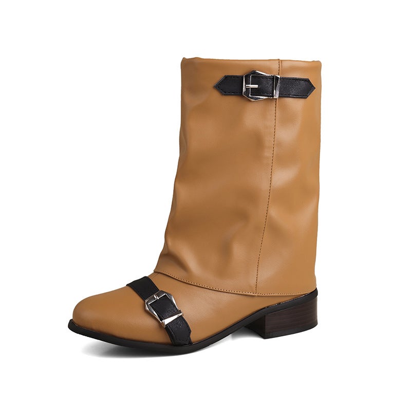 Retro Western Wind 2024 Short Boots Low Heel Women'S Boots 40-47 Medium Pants Boots Pleated Pile Boots - Image 1