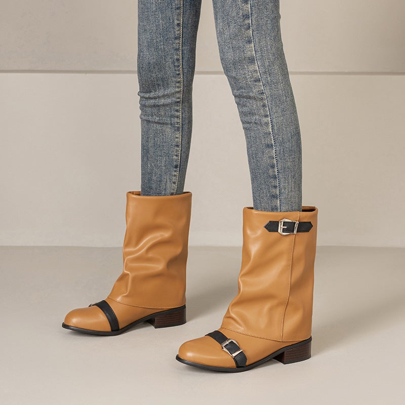 Retro Western Wind 2024 Short Boots Low Heel Women'S Boots 40-47 Medium Pants Boots Pleated Pile Boots - Image 5