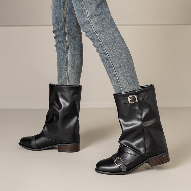 Retro Western Wind 2024 Short Boots Low Heel Women'S Boots 40-47 Medium Pants Boots Pleated Pile Boots - Image 2