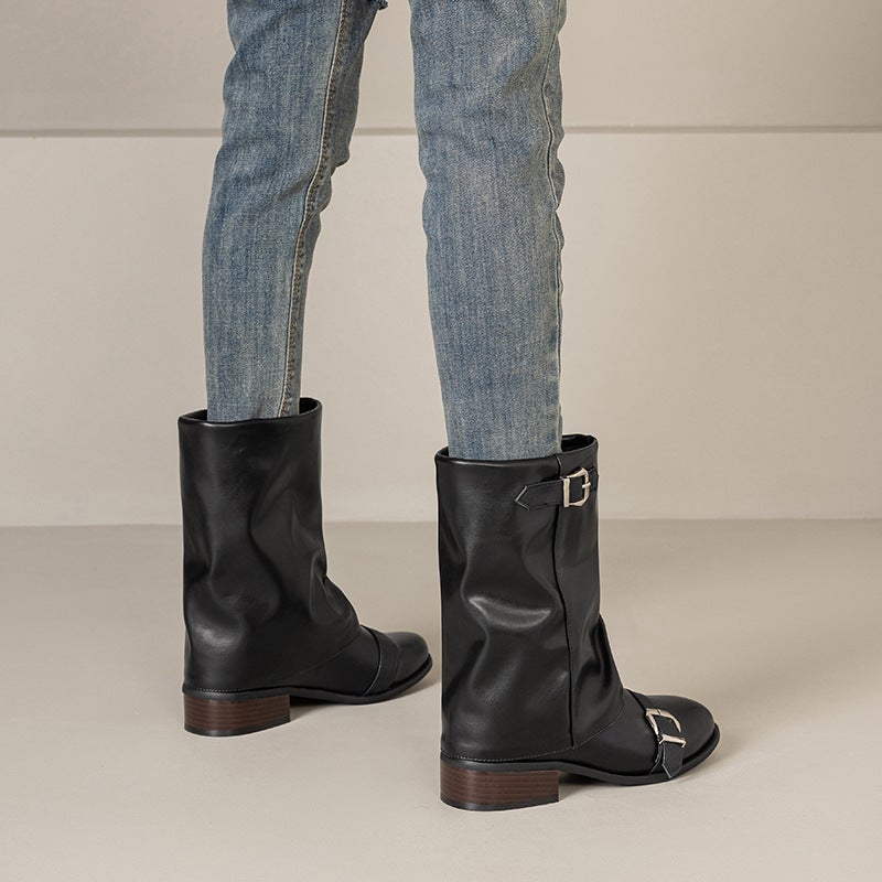 Retro Western Wind 2024 Short Boots Low Heel Women'S Boots 40-47 Medium Pants Boots Pleated Pile Boots - Image 3