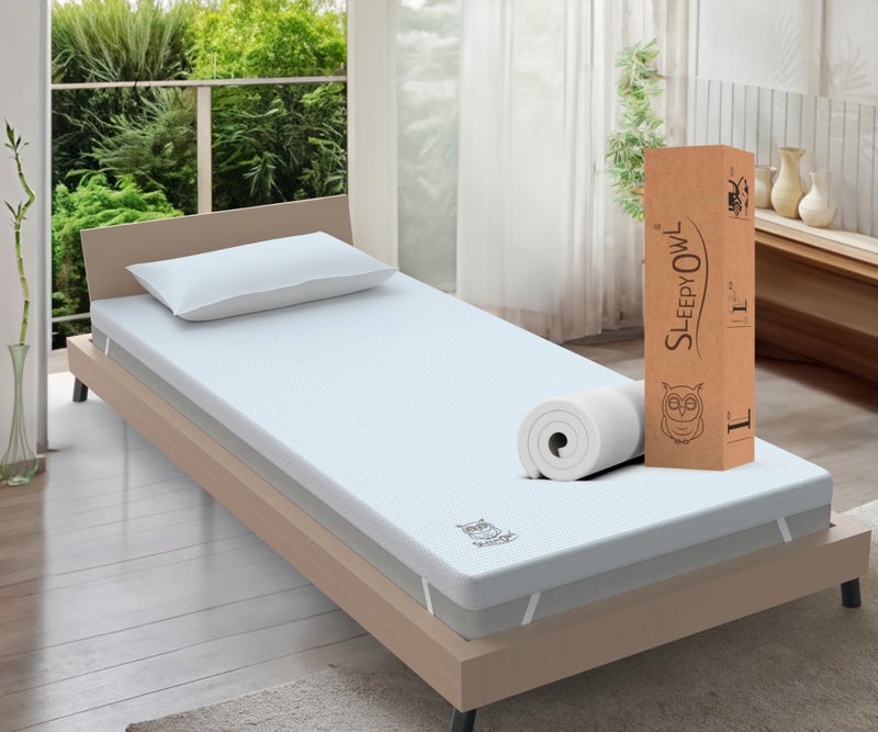 Sleepy Owl Memory Foam Mattress Topper For SINGLE Bed 7cm Thick Gel Infused Orthopedic Mattress Pad for Back Pain Removable Washable Zipped Cover with Elastic Straps Single 90x190 7 cm