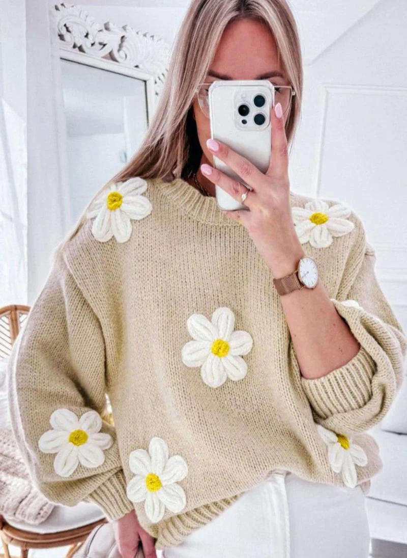يونيكي Beige  Floral Printed Pullover