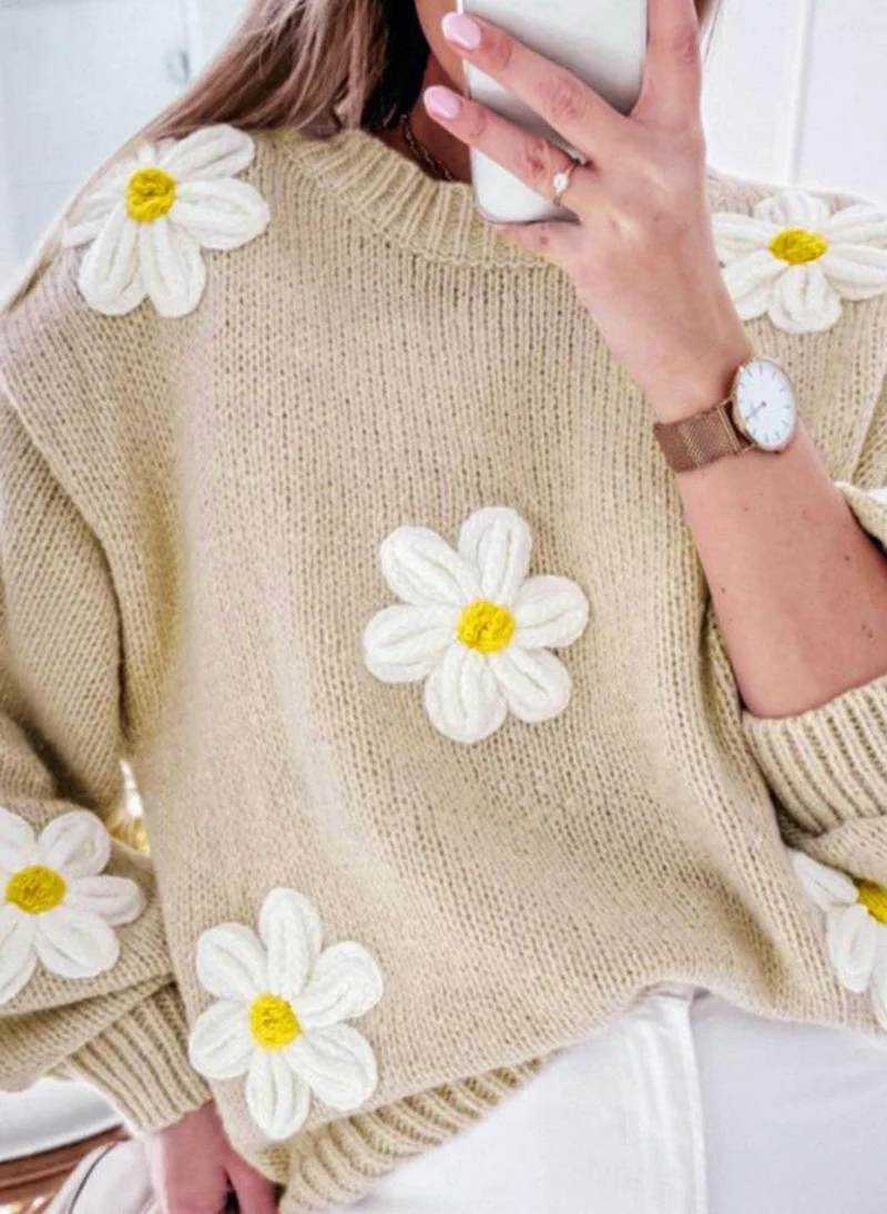 يونيكي Beige  Floral Printed Pullover