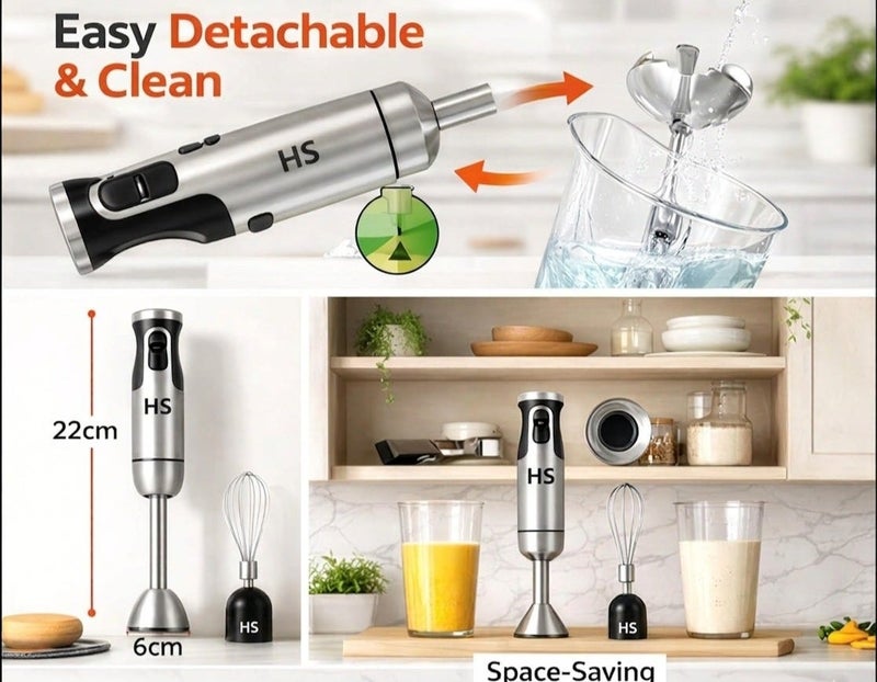 اتش اس 500W 4-in-1 Powerful Hand Blender Immersion Stick Mixer with Stainless Steel Titanium Coated Blade,2 Speed Control 860ml Chopper Bowl 600ml Beaker Whisk Electric Smoothie Soup Baby Food Maker - Image 3