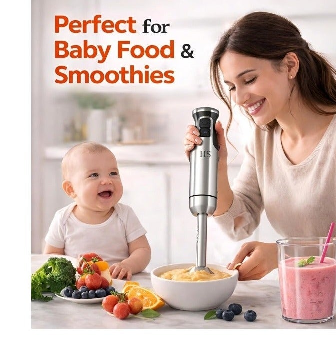 اتش اس 500W 4-in-1 Powerful Hand Blender Immersion Stick Mixer with Stainless Steel Titanium Coated Blade,2 Speed Control 860ml Chopper Bowl 600ml Beaker Whisk Electric Smoothie Soup Baby Food Maker - Image 2