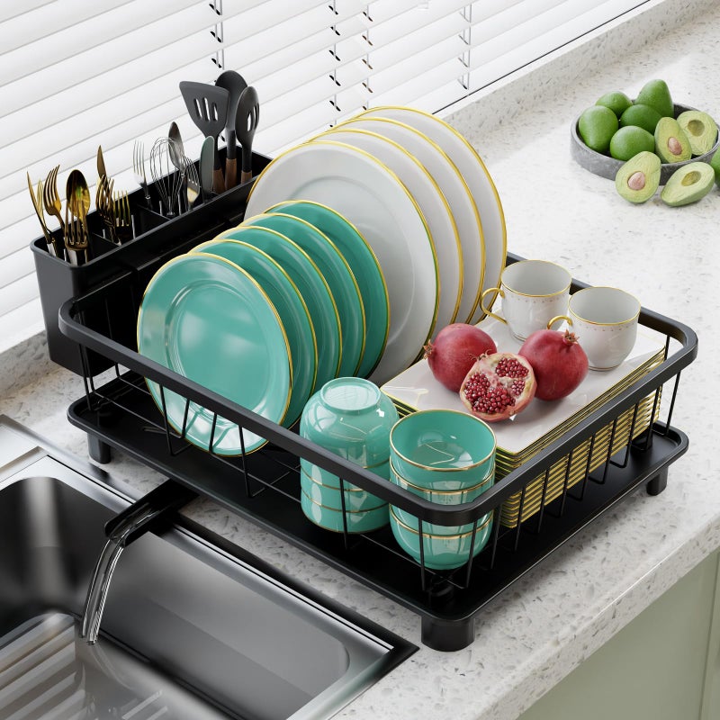 Hiviweer Dish Drying Rack  SpaceSaving Dish RackDish Racks for Kitchen Counter with Drainboard Rustproof Dish Drainer with a Removable 4Compartment Utensil HolderBlack