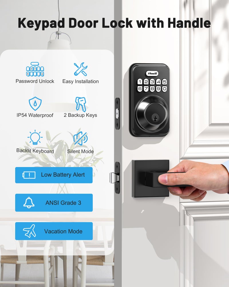 Zowill Keyless Entry Door Lock with 2 Lever Handles, Zowill Electronic Keypad Deadbolt, Auto-Locking, Anti-Peeping Password, Digital Code Door Lock, Front Door Handle Sets, Matte Black - Image 5