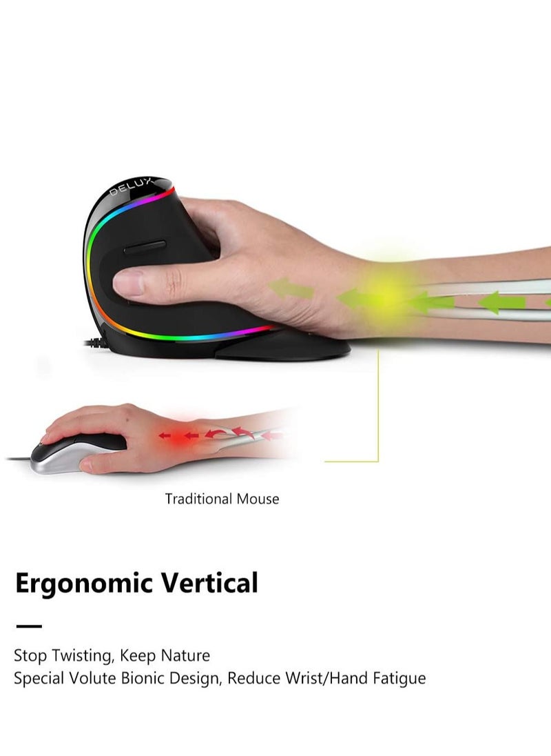 DELUX - M618PLUS RGB Ergonomic Vertical Mouse - 6 Buttons, 4000DPI,Removable Wrist Rest for Carpal Tunnel - Image 1