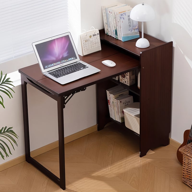 Sharpdo Multifunctional Folding Desk with Storage Shelves, Space-Saving Computer Table for Small Home Office, Study Room and Apartment, Dark Brown 85cm Height - Image 1