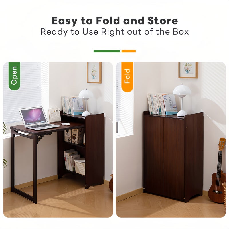 Sharpdo Multifunctional Folding Desk with Storage Shelves, Space-Saving Computer Table for Small Home Office, Study Room and Apartment, Dark Brown 85cm Height - Image 4