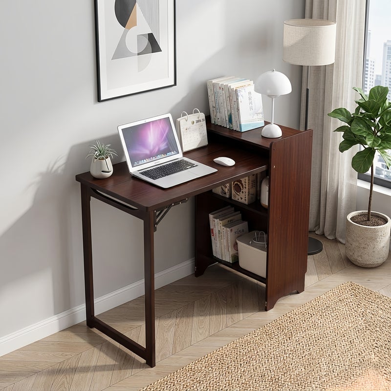 Sharpdo Multifunctional Folding Desk with Storage Shelves, Space-Saving Computer Table for Small Home Office, Study Room and Apartment, Dark Brown 85cm Height - Image 3