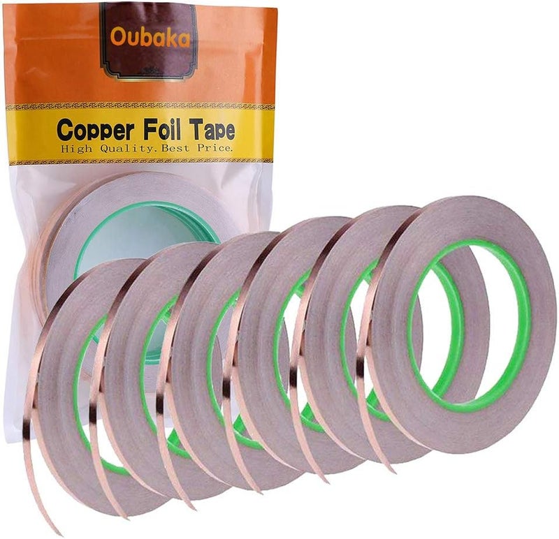 Oubaka 6 Pack Copper Foil Tape,Double-Sided Conductive Copper Tape with Adhesive for EMI Shielding,Stained Glass,Soldering,Electrical Repairs,Paper Circuits,Grounding (1/4inch X 21.8yards) - Image 1