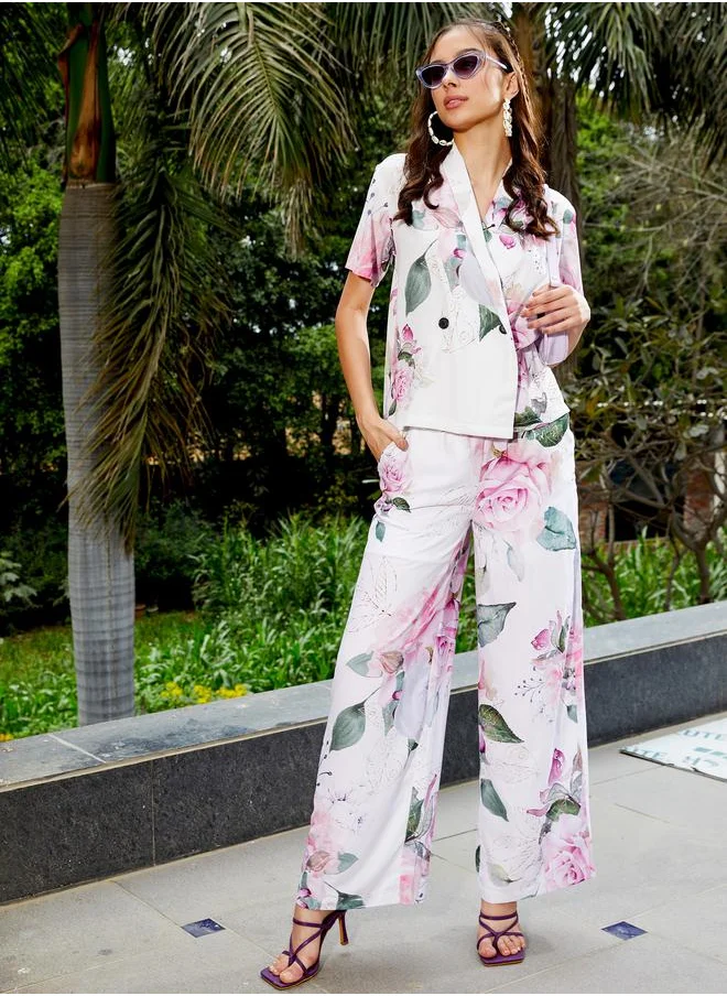 ساسافراس Floral Print Shawl Collar Top & Pants Co-Ords by Styli