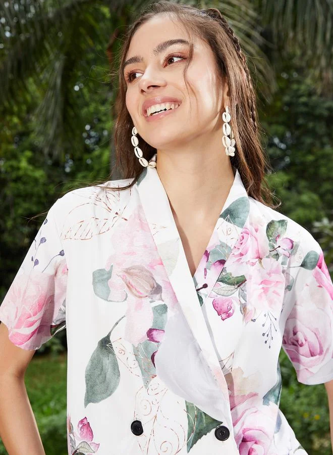 SASSAFRAS Floral Print Shawl Collar Top & Pants Co-Ords by Styli