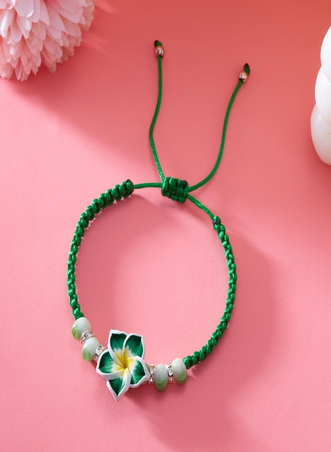 Pingyongchang Cute Hawaiian Plumeria Rubra Clay Bracelet Bohemian Flower Handmade Braided Adjustable String Rope Bracelet for Women Summer Beach Holiday Vacation Party Jewelry Gift-Green - Image 3