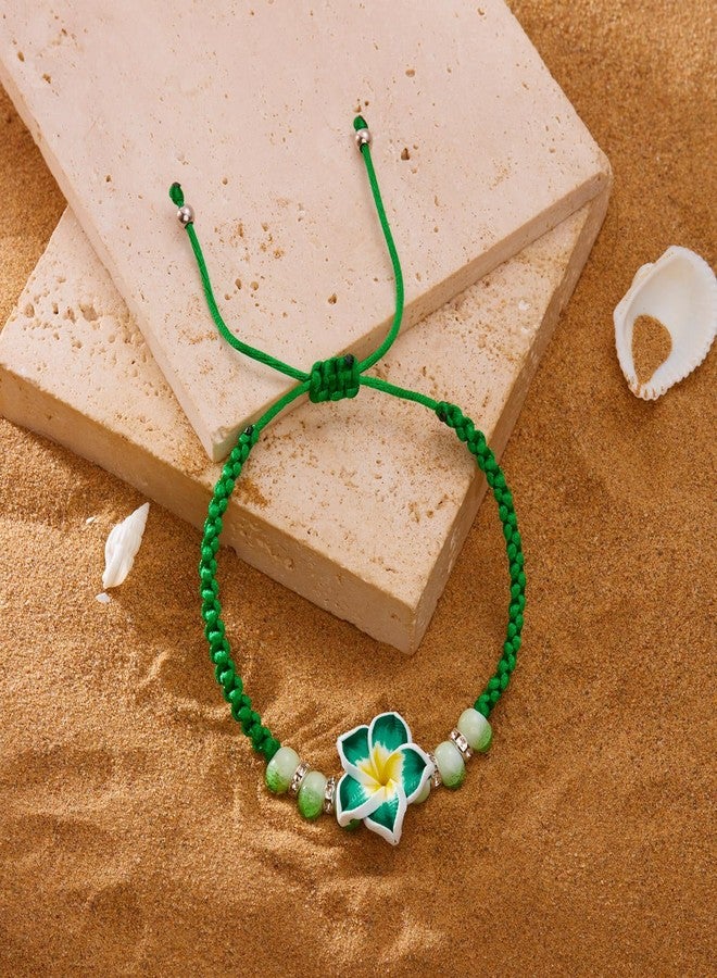 Pingyongchang Cute Hawaiian Plumeria Rubra Clay Bracelet Bohemian Flower Handmade Braided Adjustable String Rope Bracelet for Women Summer Beach Holiday Vacation Party Jewelry Gift-Green - Image 2
