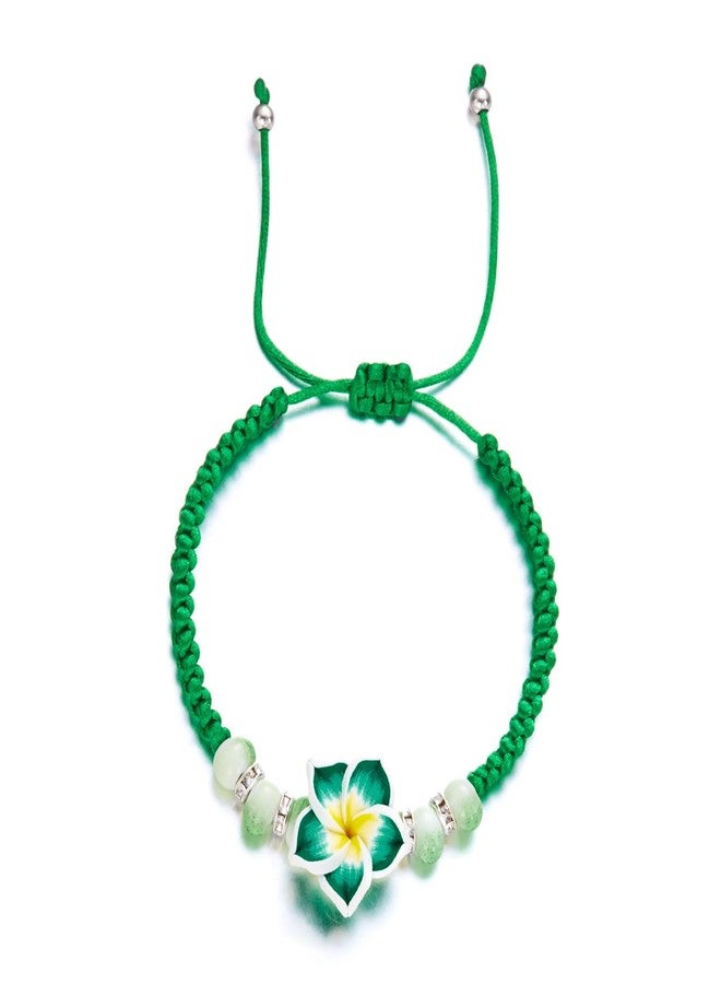 Pingyongchang Cute Hawaiian Plumeria Rubra Clay Bracelet Bohemian Flower Handmade Braided Adjustable String Rope Bracelet for Women Summer Beach Holiday Vacation Party Jewelry Gift-Green - Image 1