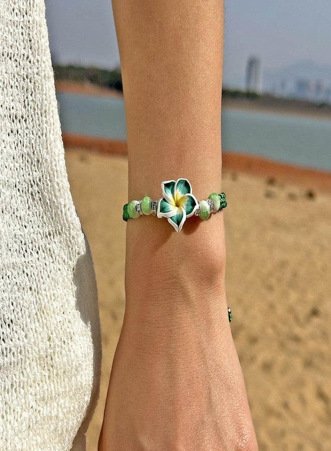 Pingyongchang Cute Hawaiian Plumeria Rubra Clay Bracelet Bohemian Flower Handmade Braided Adjustable String Rope Bracelet for Women Summer Beach Holiday Vacation Party Jewelry Gift-Green - Image 4